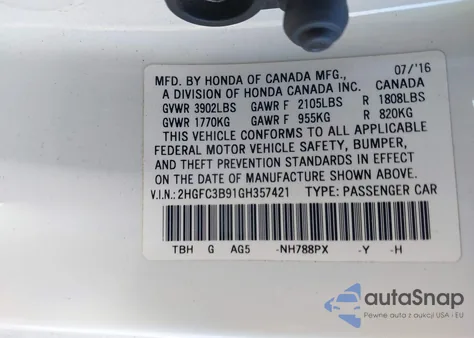 2016 Honda Civic Touring из США, поврежденный, VIN 2HGFC3B91GH357421